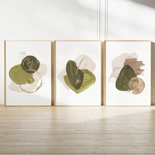抽象グリーンゴールドの高級感あるアートポスター 北欧モダンインテリア 3枚セット