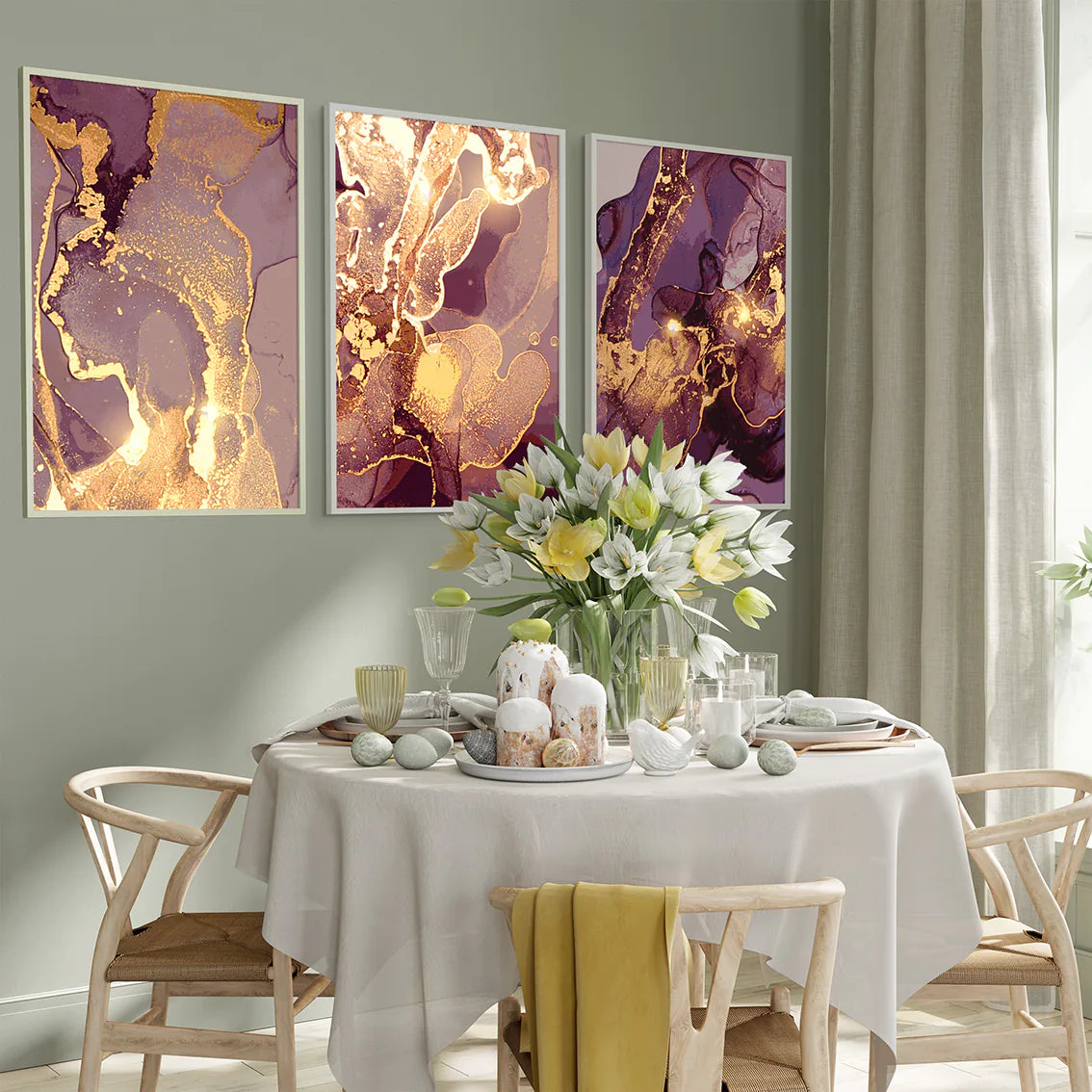 アートポスター 抽象 ゴールドパープル 渦模様 北欧モダン 高級感インテリア 3枚セット