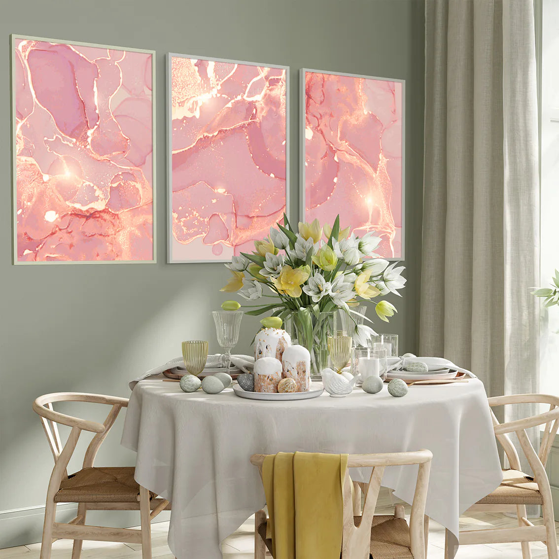 アートポスター 抽象ブラッシュローズゴールド 上品 北欧フェミニン インテリア 3枚セット