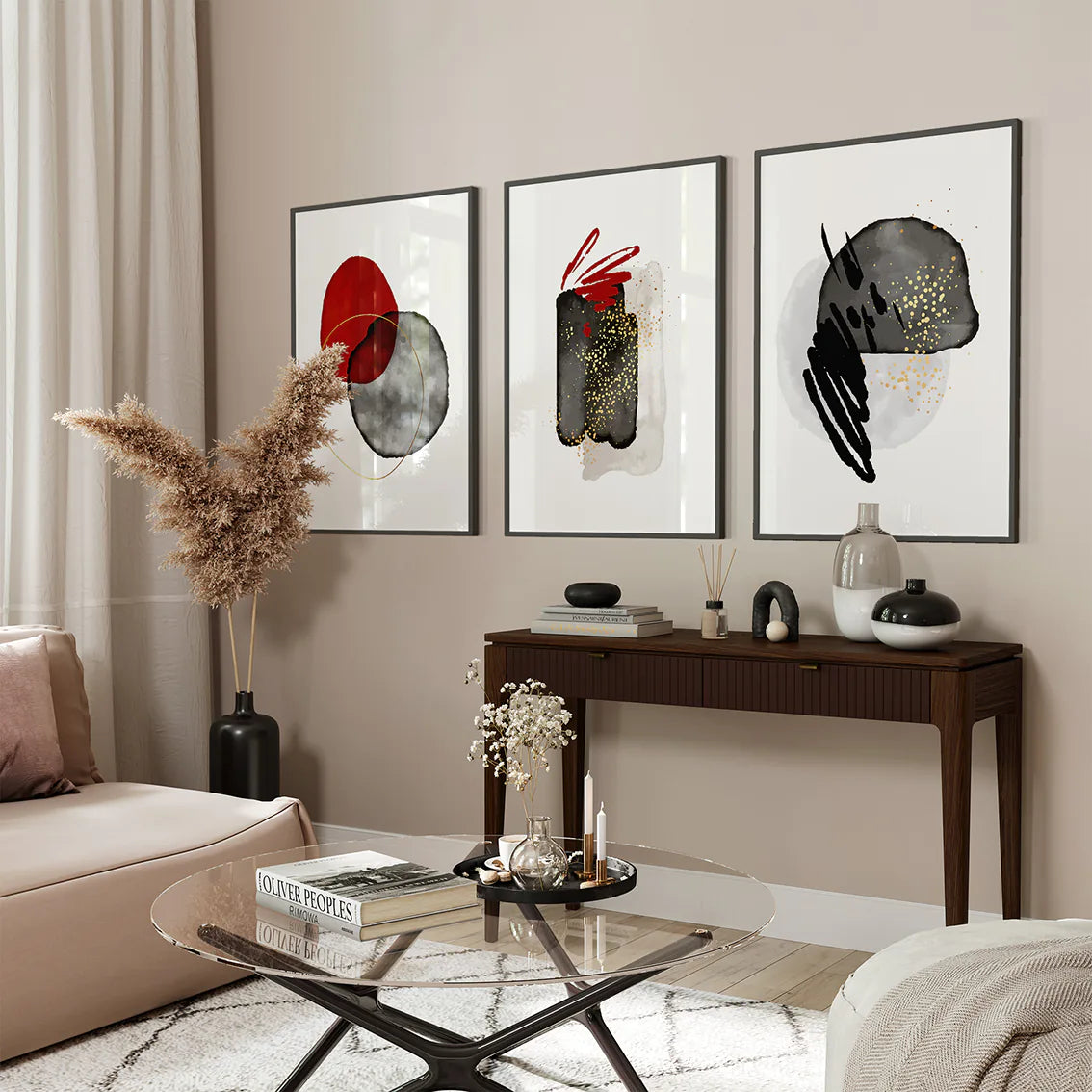 アートポスター 抽象 幾何学 レッドグレー モダンアート コンテンポラリーインテリア 3枚セット