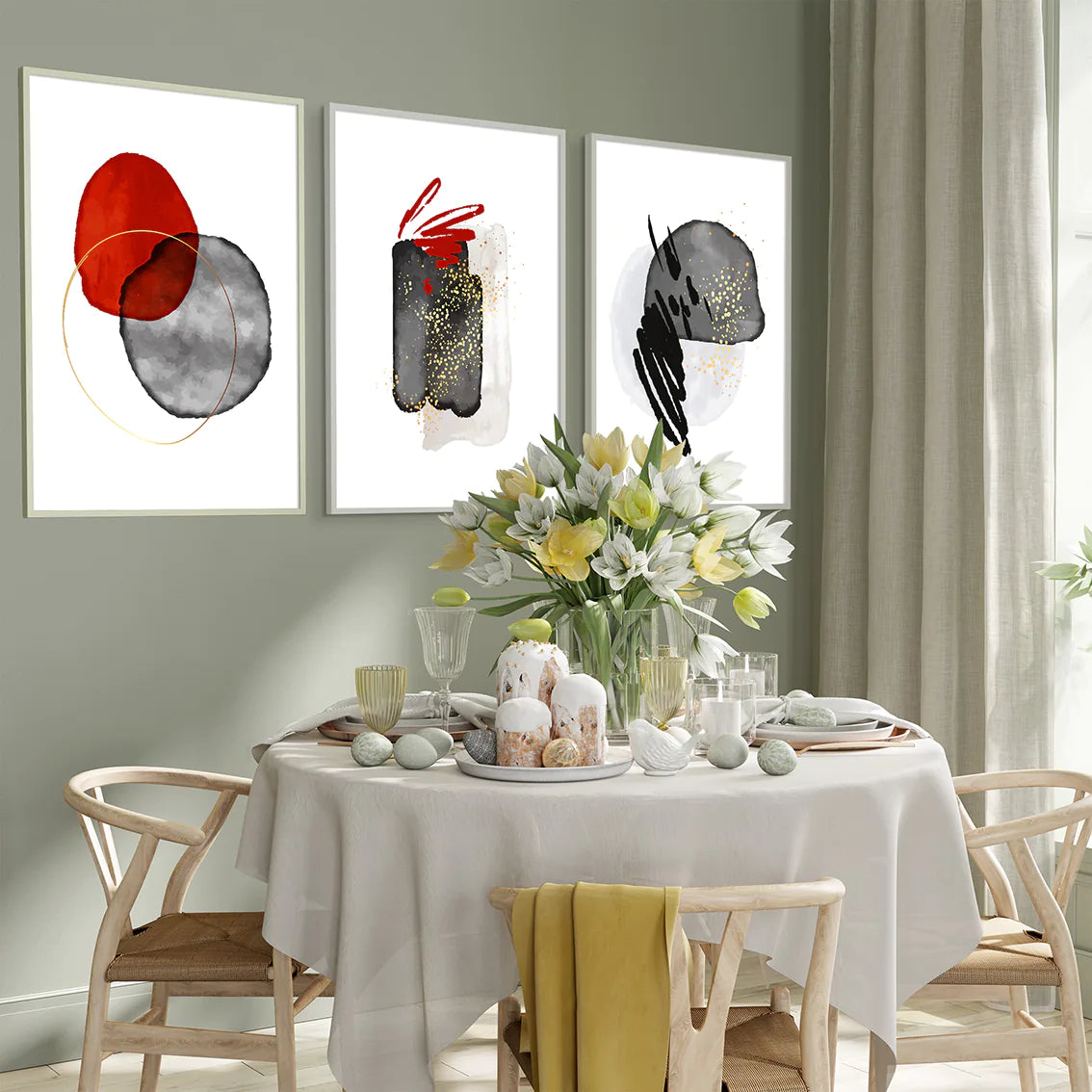 アートポスター 抽象 幾何学 レッドグレー モダンアート コンテンポラリーインテリア 3枚セット