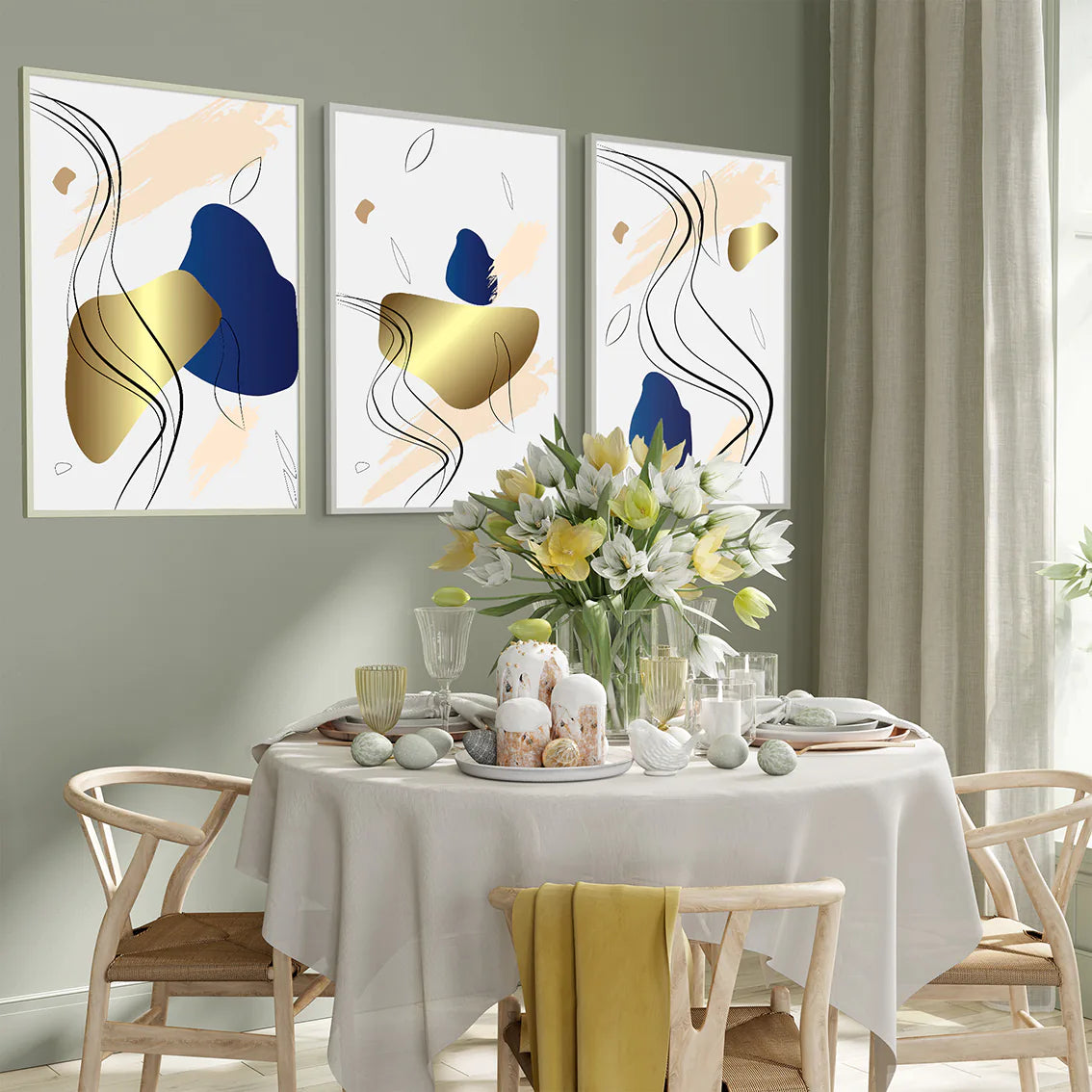 アートポスター 抽象 ブルーゴールド 北欧モダン シンプルインテリア 3枚セット