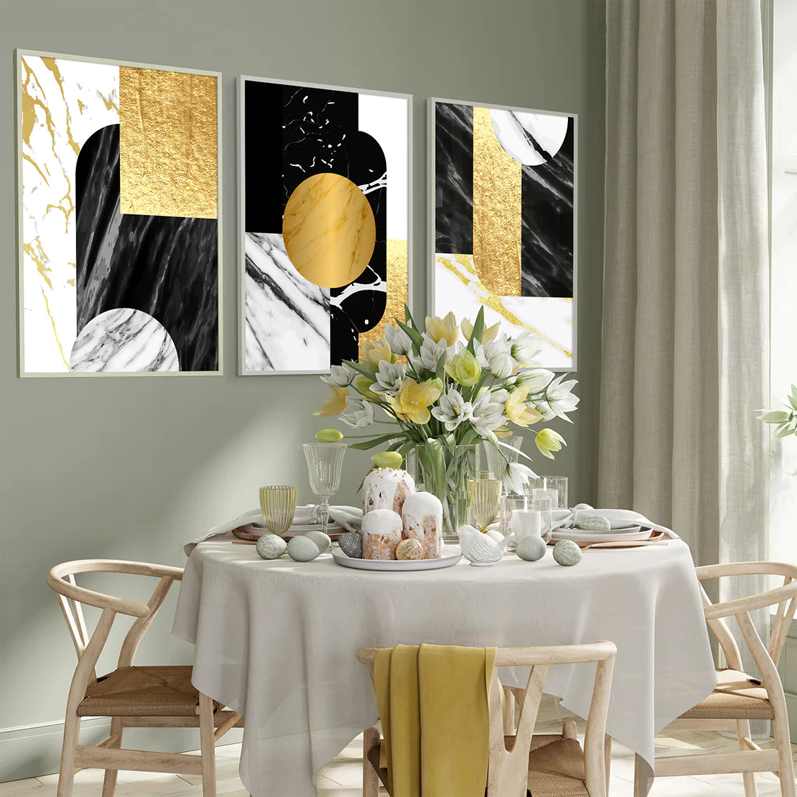 アートポスター 抽象 幾何学ゴールドマーブル 高級モダン 北欧コンテンポラリーインテリア 3枚セット