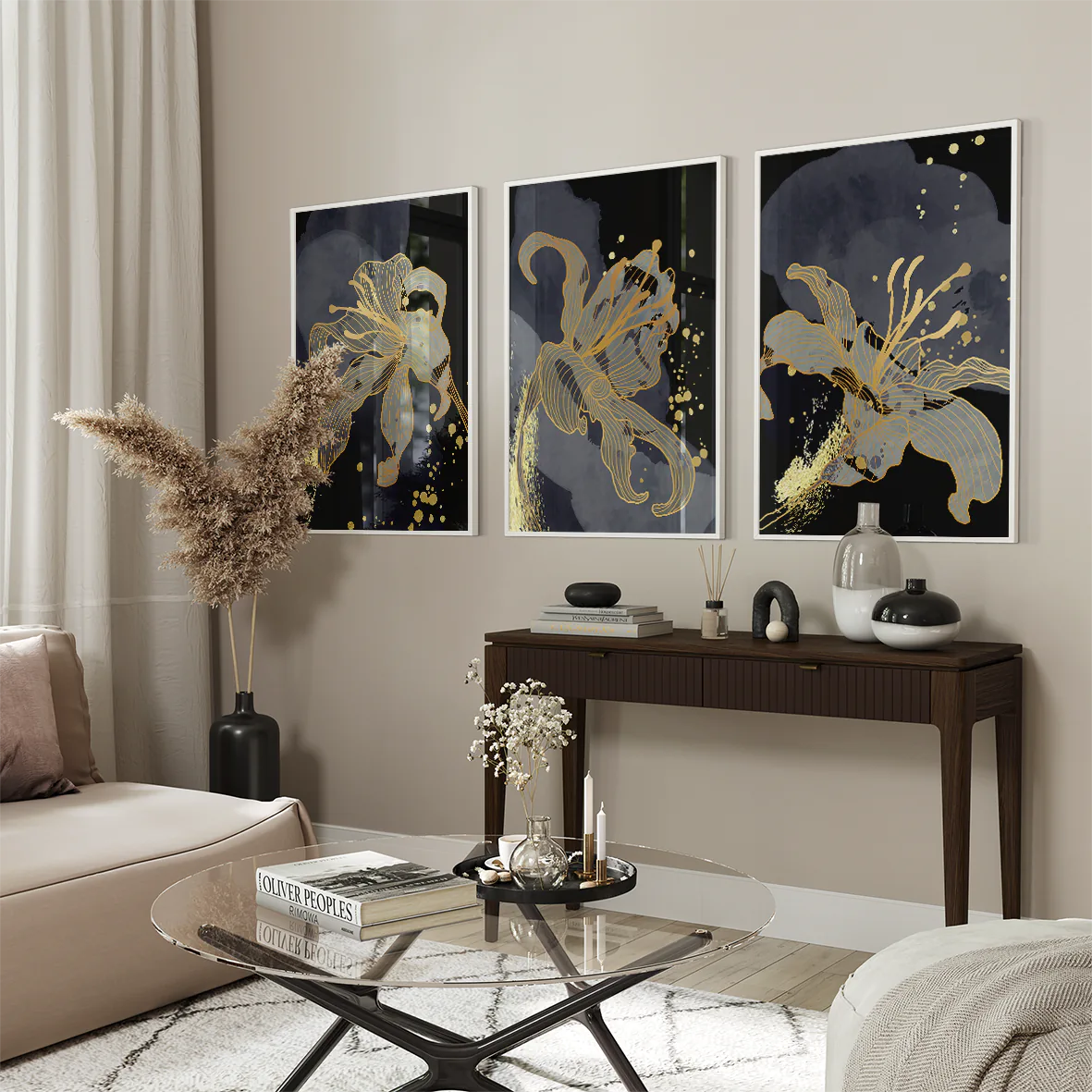 アートポスター 抽象ゴールドリーフ フローラル 高級感 北欧モダンインテリア 3枚セット