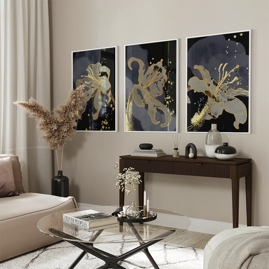 アートポスター 抽象ゴールドリーフ フローラル 高級感 北欧モダンインテリア 3枚セット