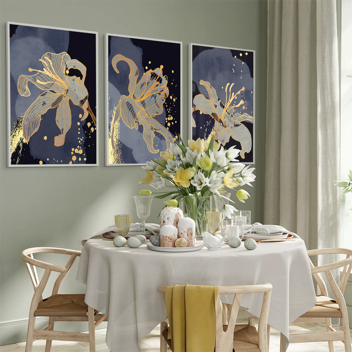 アートポスター 抽象ゴールドリーフ フローラル 高級感 北欧モダンインテリア 3枚セット