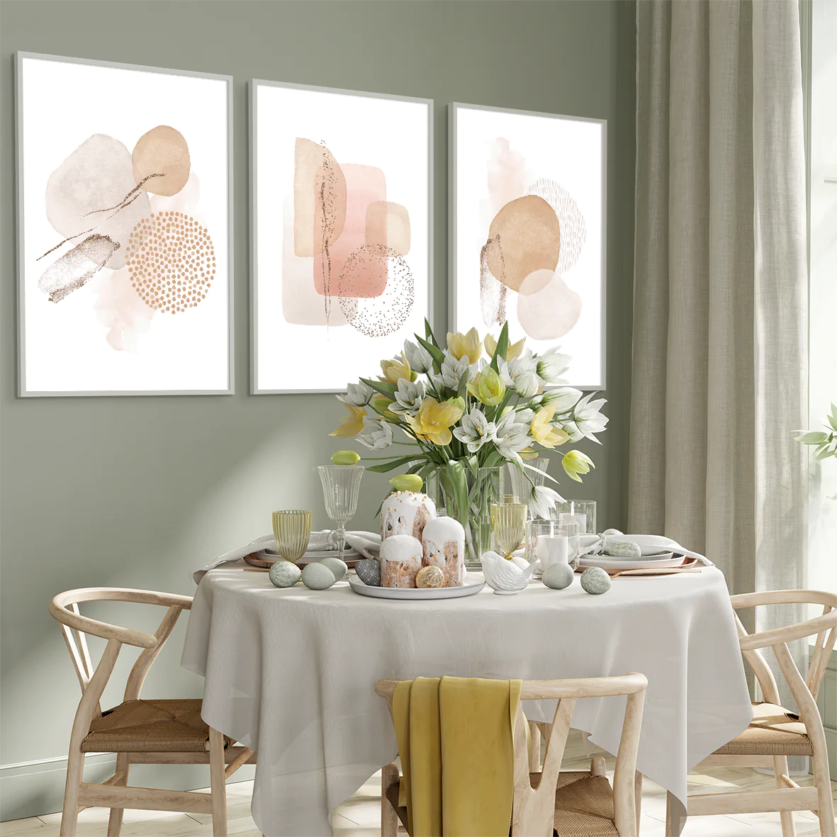 ベージュとピンクのミニマリスト抽象画が特徴のアートポスター3枚セット、壁掛け用に最適