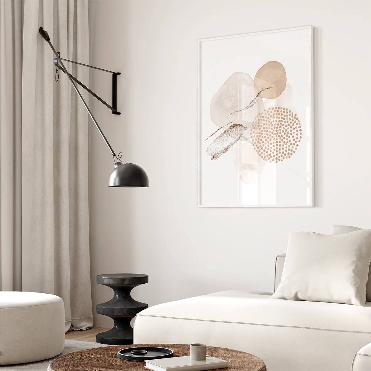 ベージュとピンクのミニマリスト抽象画が特徴のアートポスター3枚セット、壁掛け用に最適