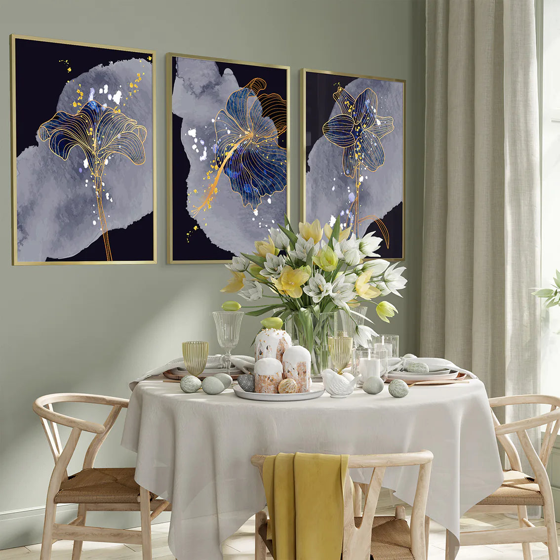 アートポスター 抽象 ネイビーフローラル ゴールドアクセント 北欧モダンインテリア 3枚セット