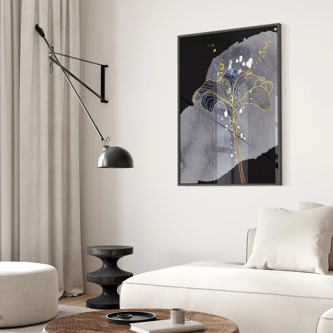 アートポスター 抽象 ネイビーフローラル ゴールドアクセント 北欧モダンインテリア 3枚セット