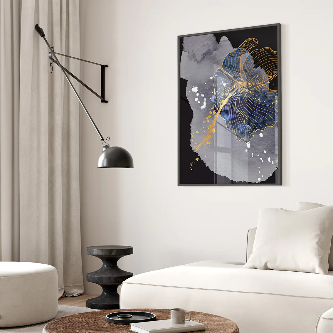 アートポスター 抽象 ネイビーフローラル ゴールドアクセント 北欧モダンインテリア 3枚セット