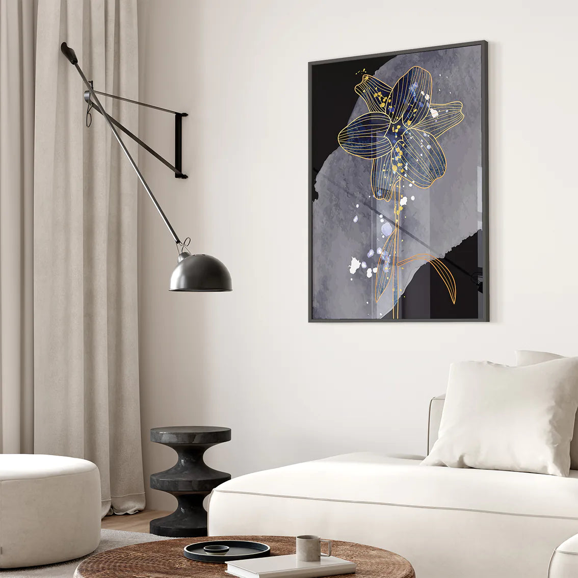 アートポスター 抽象 ネイビーフローラル ゴールドアクセント 北欧モダンインテリア 3枚セット