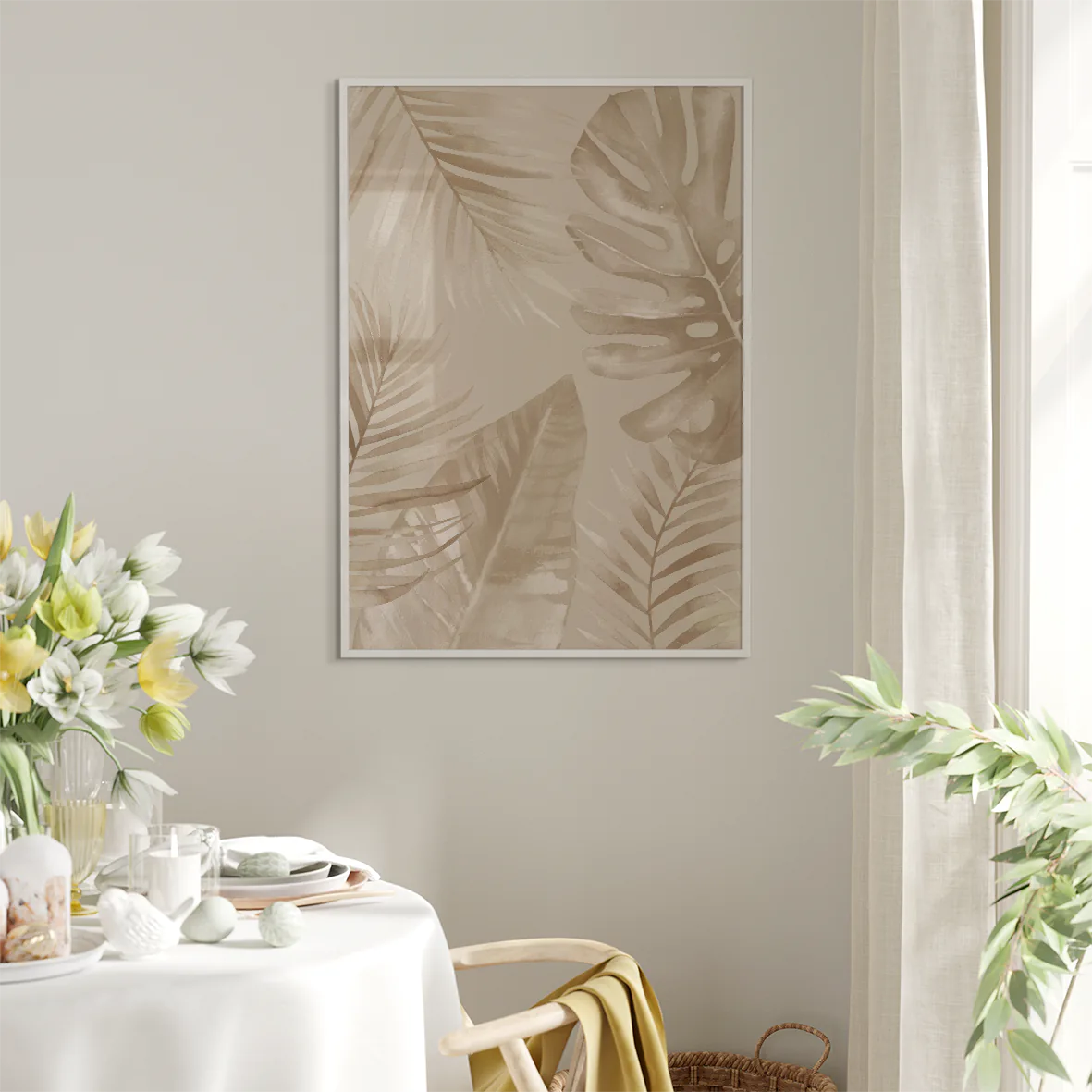 Sepia-tone watercolor painting of tropical leaves