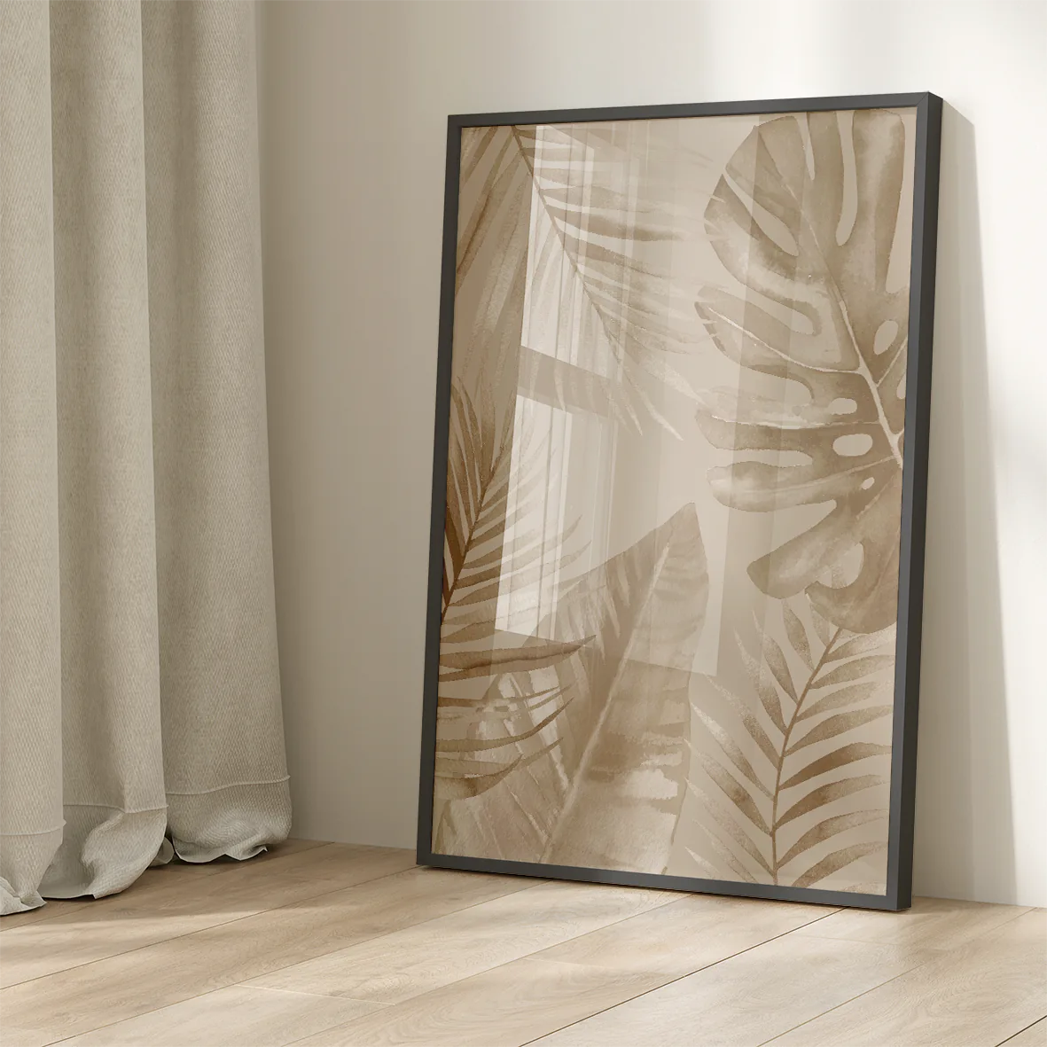 Sepia-tone watercolor painting of tropical leaves