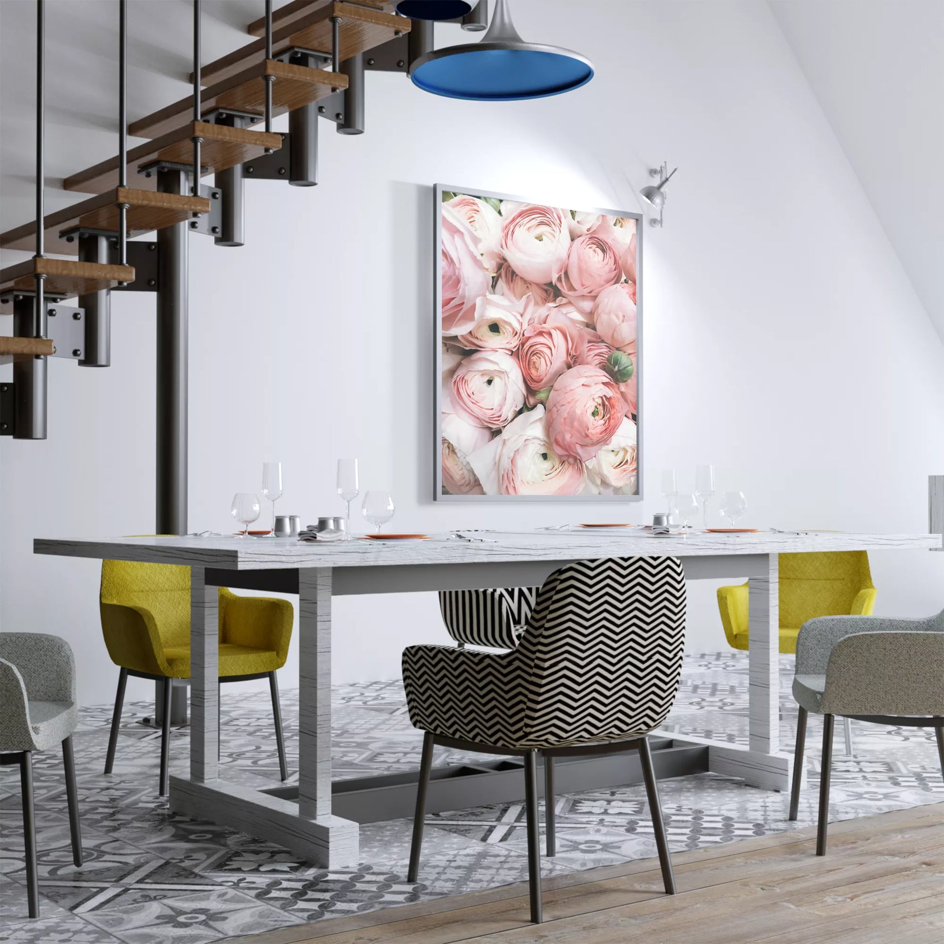 優美なピンクのラナンキュラスの花束をクローズアップで撮影したアート作品。淡いピンクから白へのグラデーションと繊細な花びらの重なりが印象的で、柔らかな光に包まれた華やかな雰囲気を演出しています。