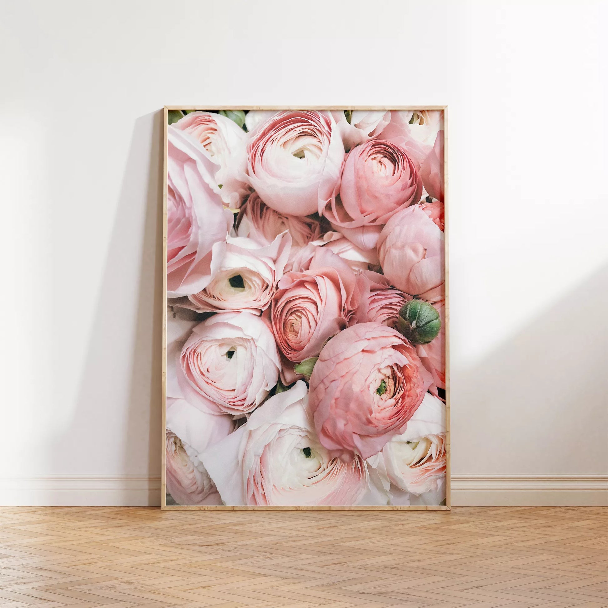 優美なピンクのラナンキュラスの花束をクローズアップで撮影したアート作品。淡いピンクから白へのグラデーションと繊細な花びらの重なりが印象的で、柔らかな光に包まれた華やかな雰囲気を演出しています。