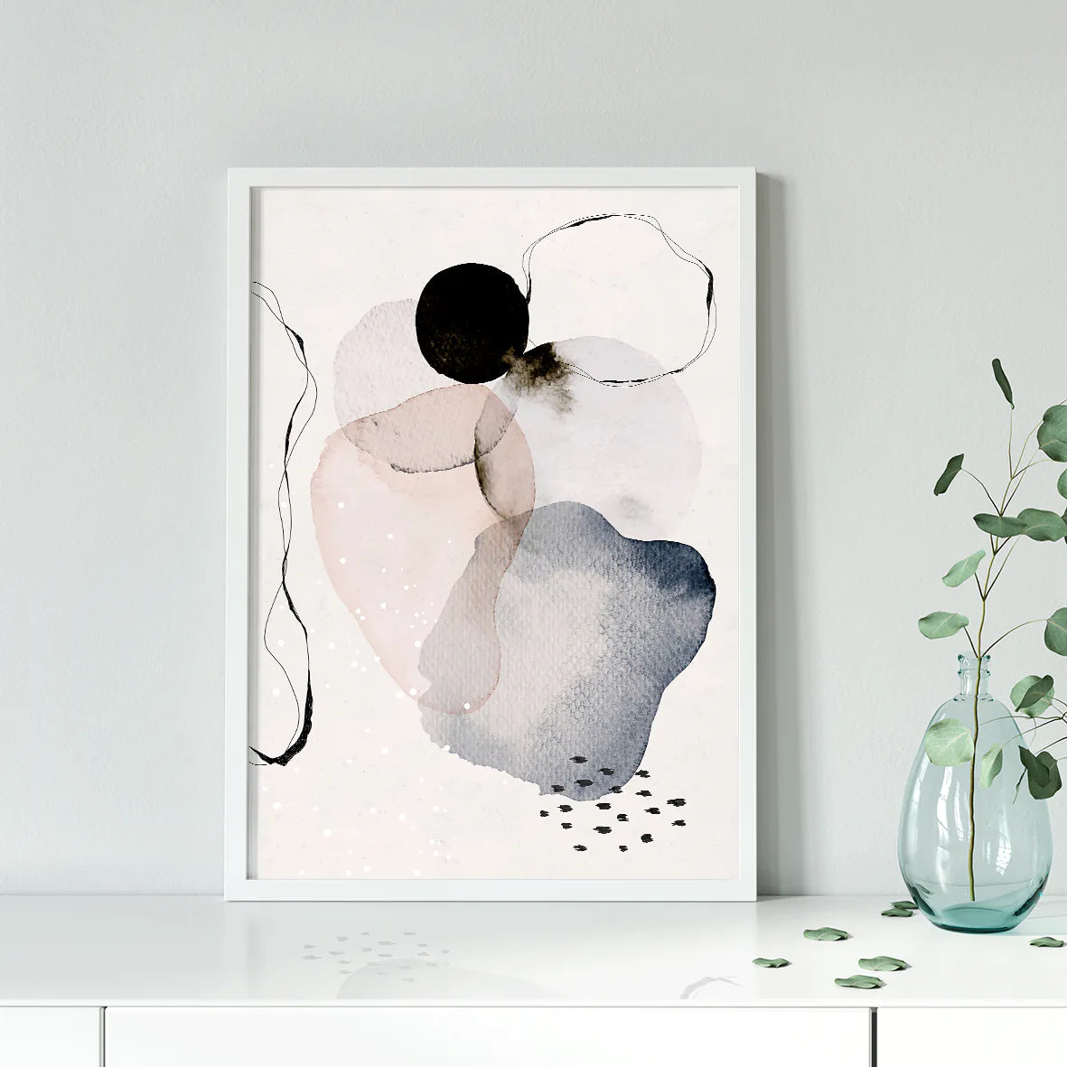Contemporary ink and watercolor artwork with monochrome tones
