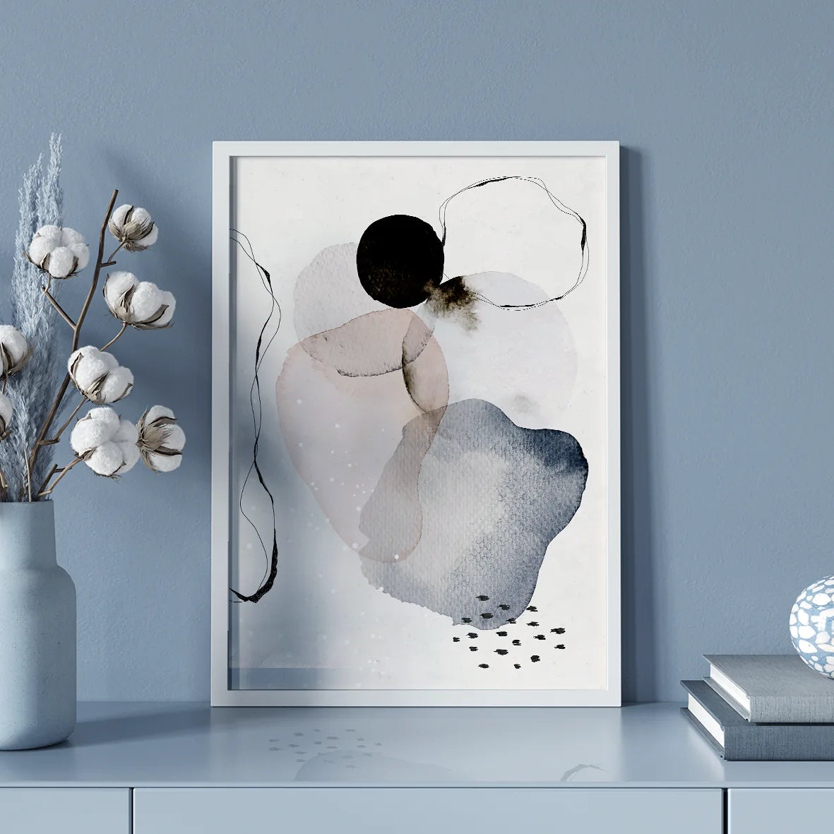 Contemporary ink and watercolor artwork with monochrome tones