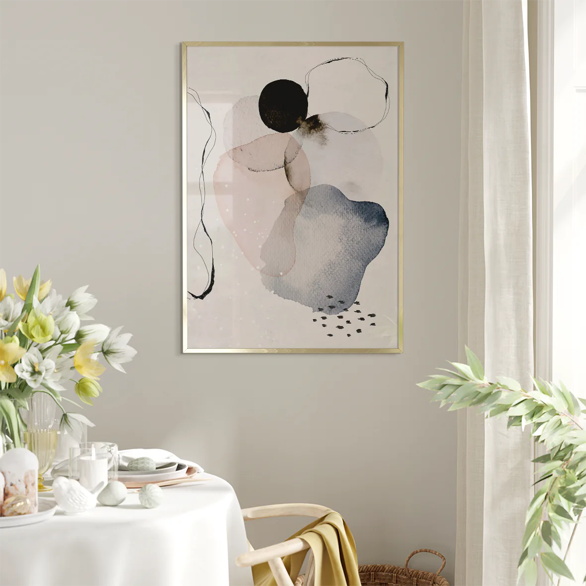 Contemporary ink and watercolor artwork with monochrome tones