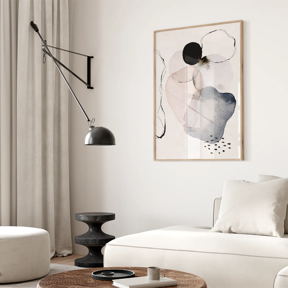 Contemporary ink and watercolor artwork with monochrome tones