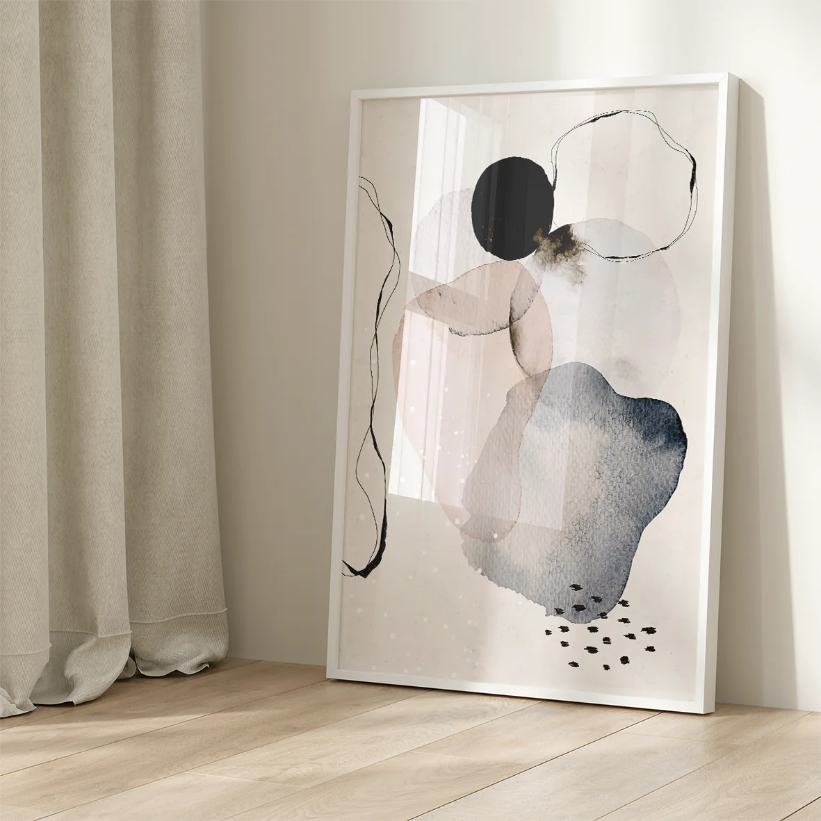 Contemporary ink and watercolor artwork with monochrome tones