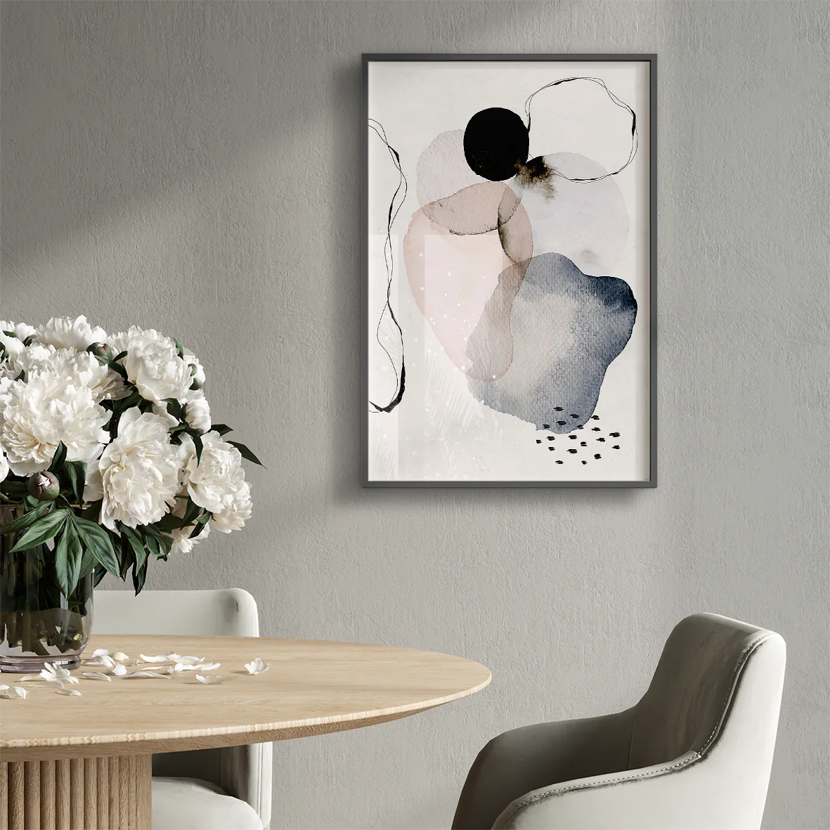 Contemporary ink and watercolor artwork with monochrome tones