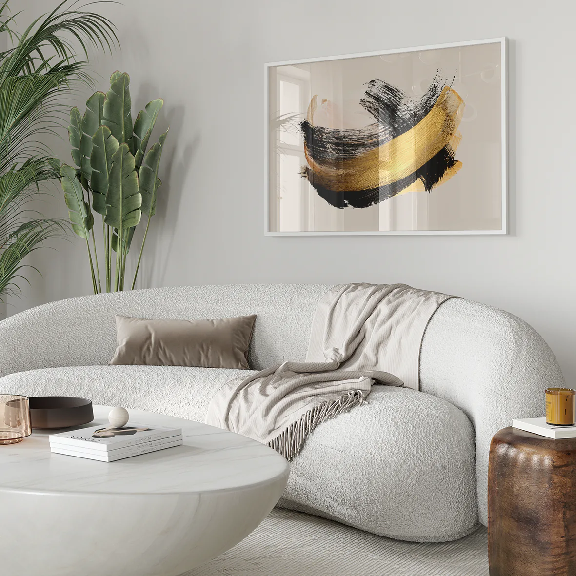 "Abstract wall art featuring bold black and gold brushstrokes