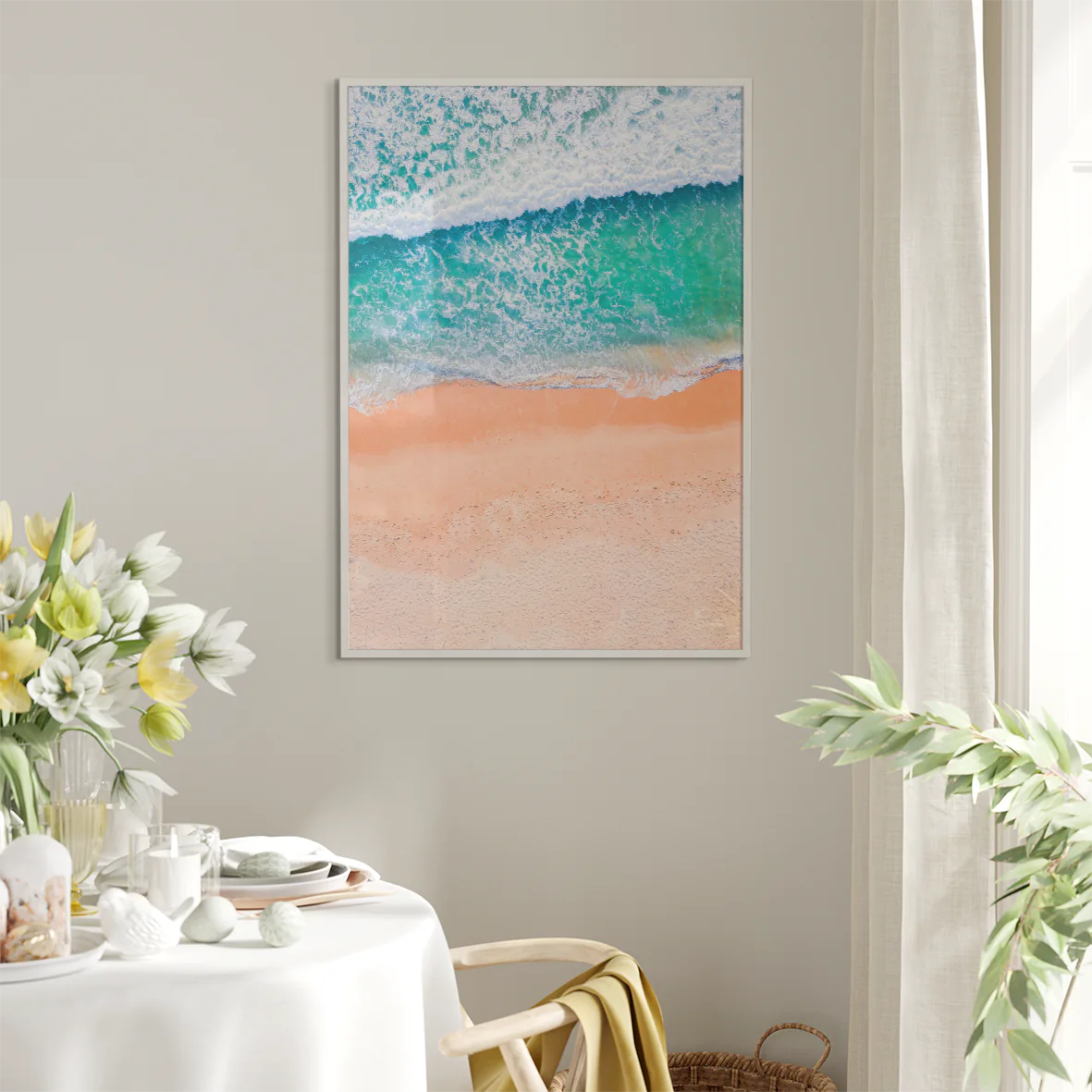 Tranquil beach wall art featuring soft ocean waves on the shore