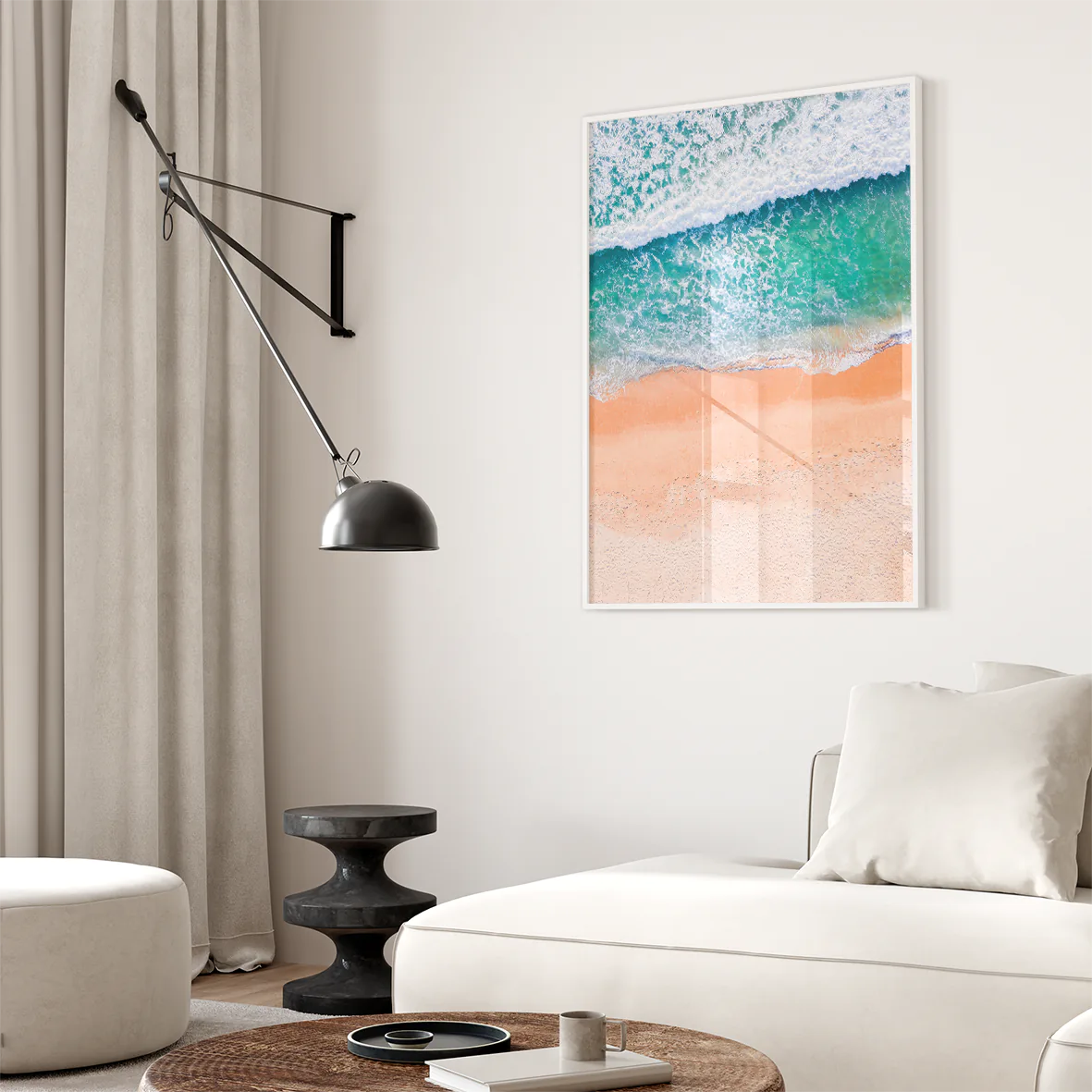 Tranquil beach wall art featuring soft ocean waves on the shore