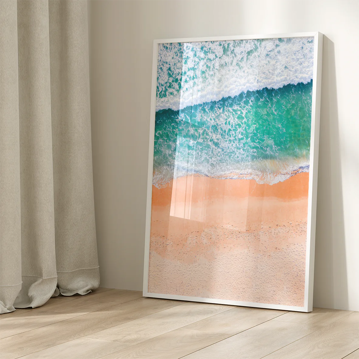 Tranquil beach wall art featuring soft ocean waves on the shore