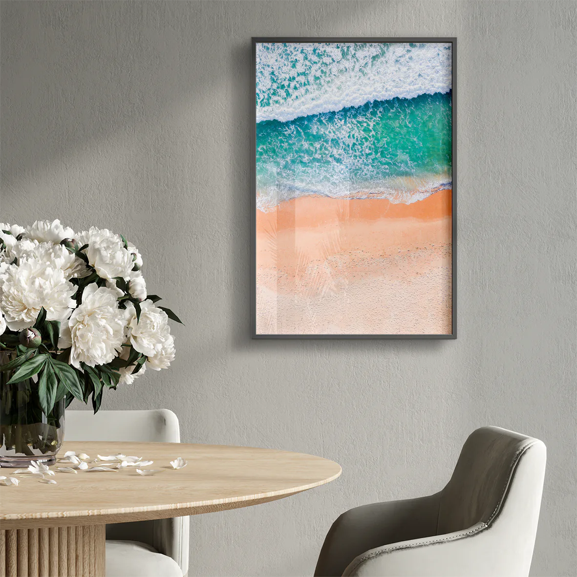 Tranquil beach wall art featuring soft ocean waves on the shore