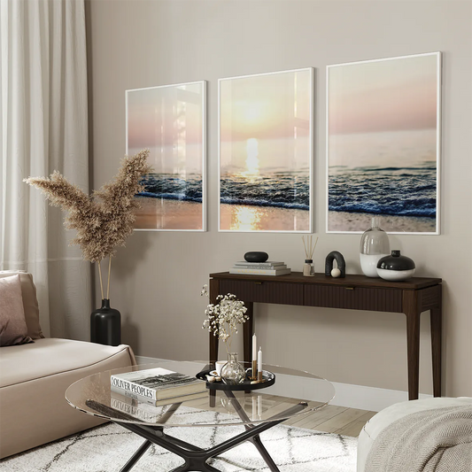 アートポスター サンセットビーチ 風景 海 オレンジピンク モダンインテリア 3枚セット