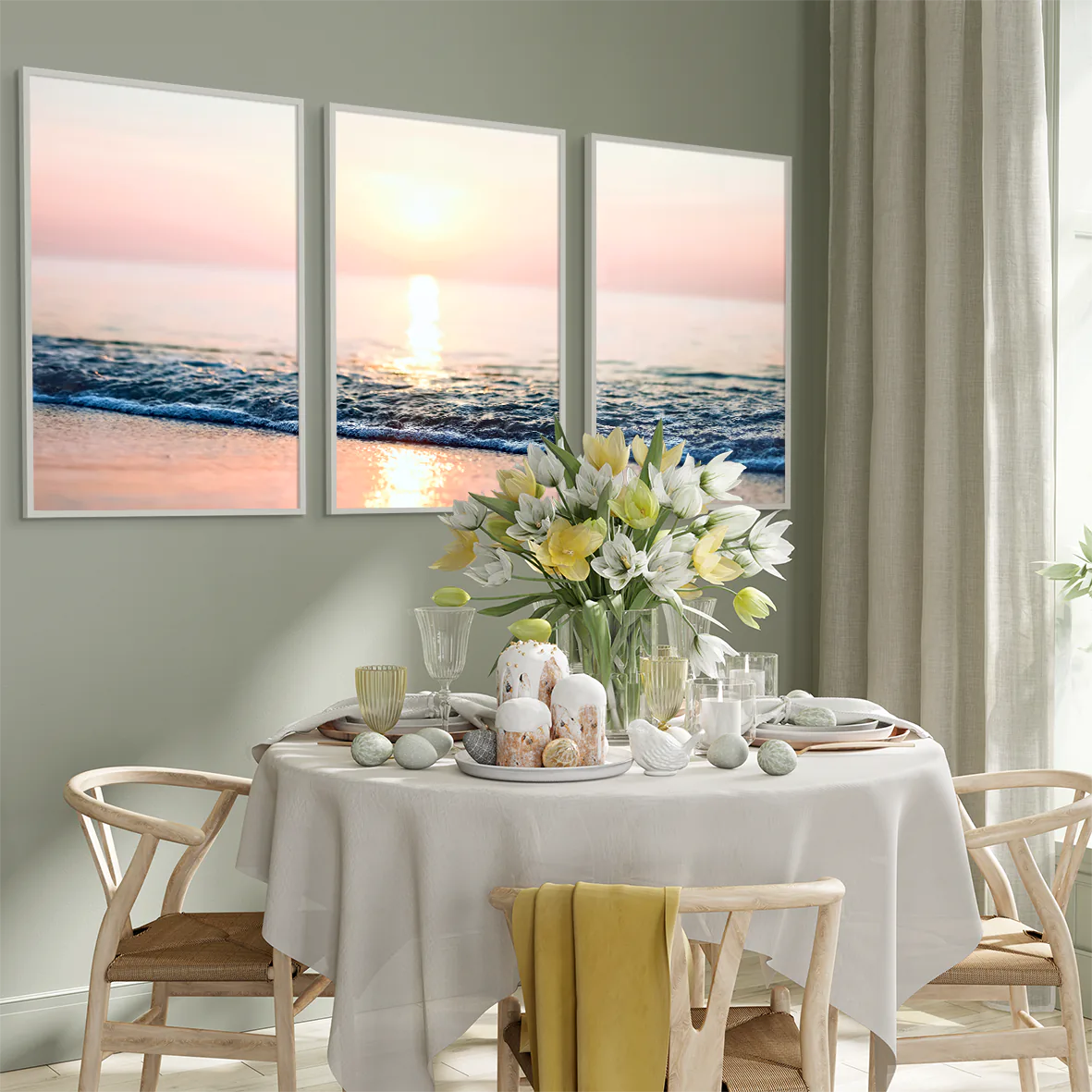 アートポスター サンセットビーチ 風景 海 オレンジピンク モダンインテリア 3枚セット