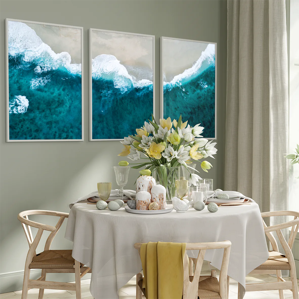 アートポスター 海の波 トリプティック ティールホワイト モダンアート 3枚セット