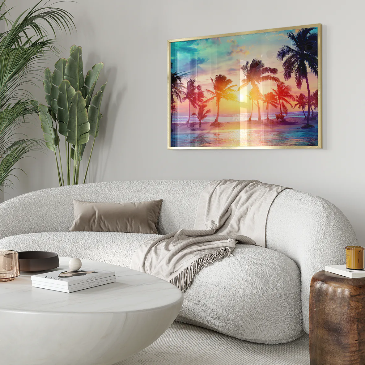 Wall art featuring a sunlit beach with palm trees during a vivid sunset