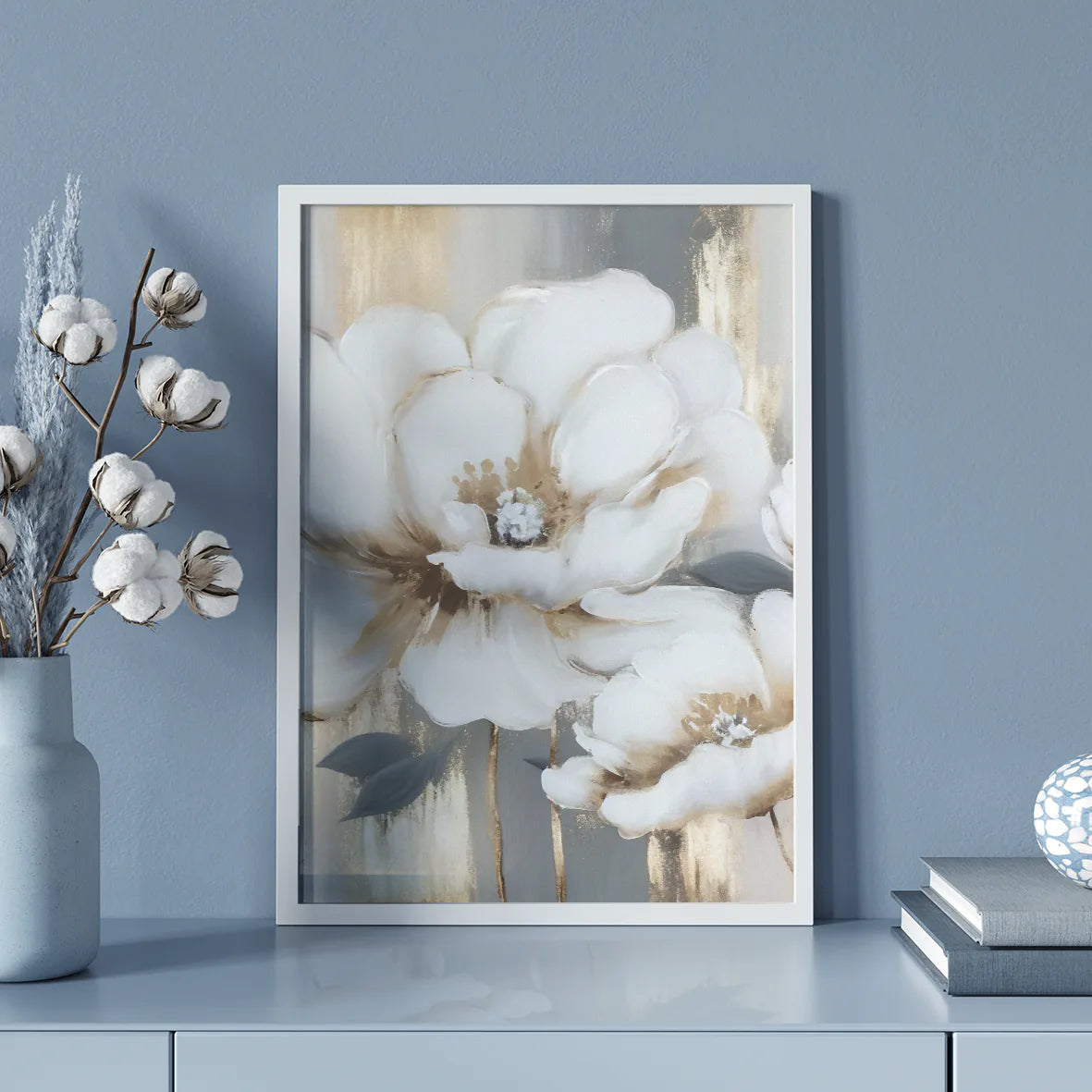 Gilded floral artwork with creamy petals and gold streaks