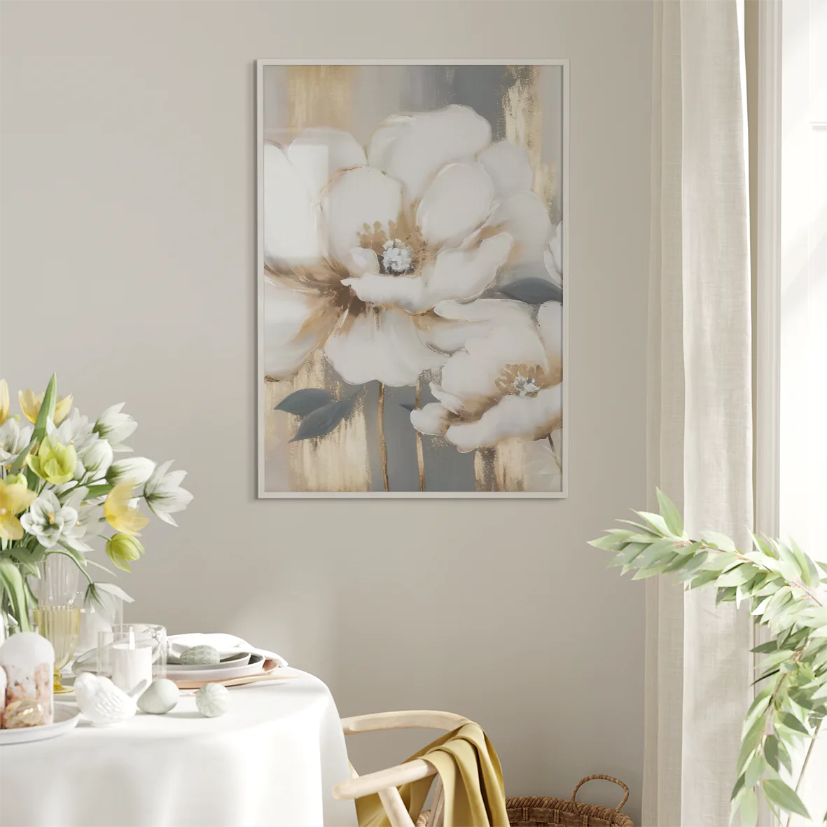 Gilded floral artwork with creamy petals and gold streaks