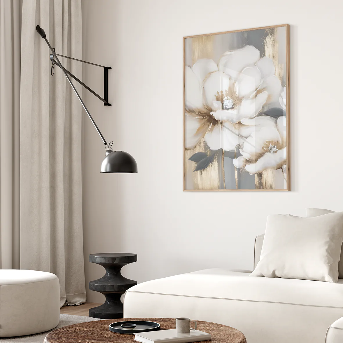 Gilded floral artwork with creamy petals and gold streaks