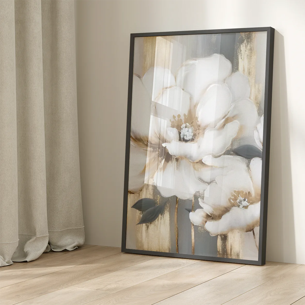 Gilded floral artwork with creamy petals and gold streaks