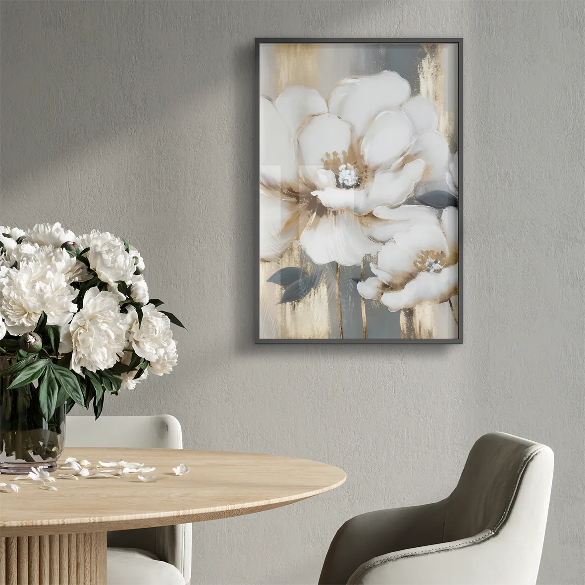 Gilded floral artwork with creamy petals and gold streaks