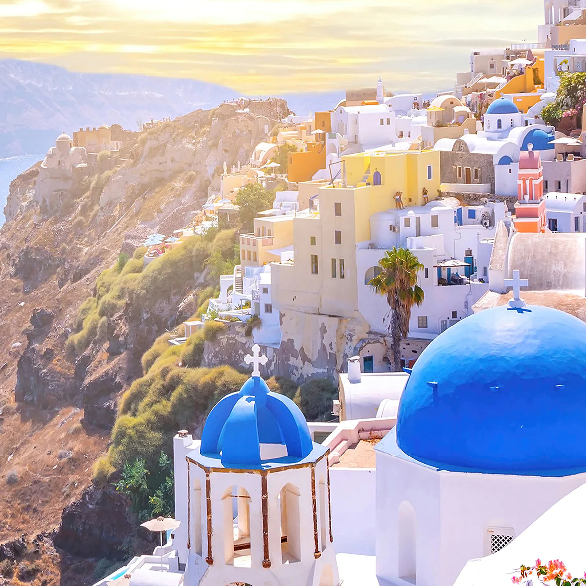 アートポスター サントリーニ島 ブルードーム 夕日 地中海風景 インテリアポスター