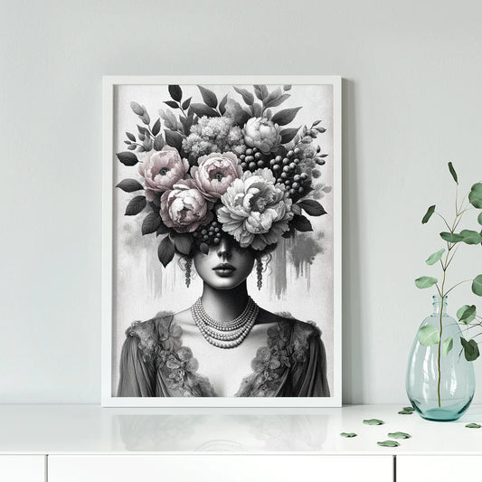 アートポスター エレガント女性 フローラルヘッドピース モノクロ ファッションアート 北欧モダンインテリア