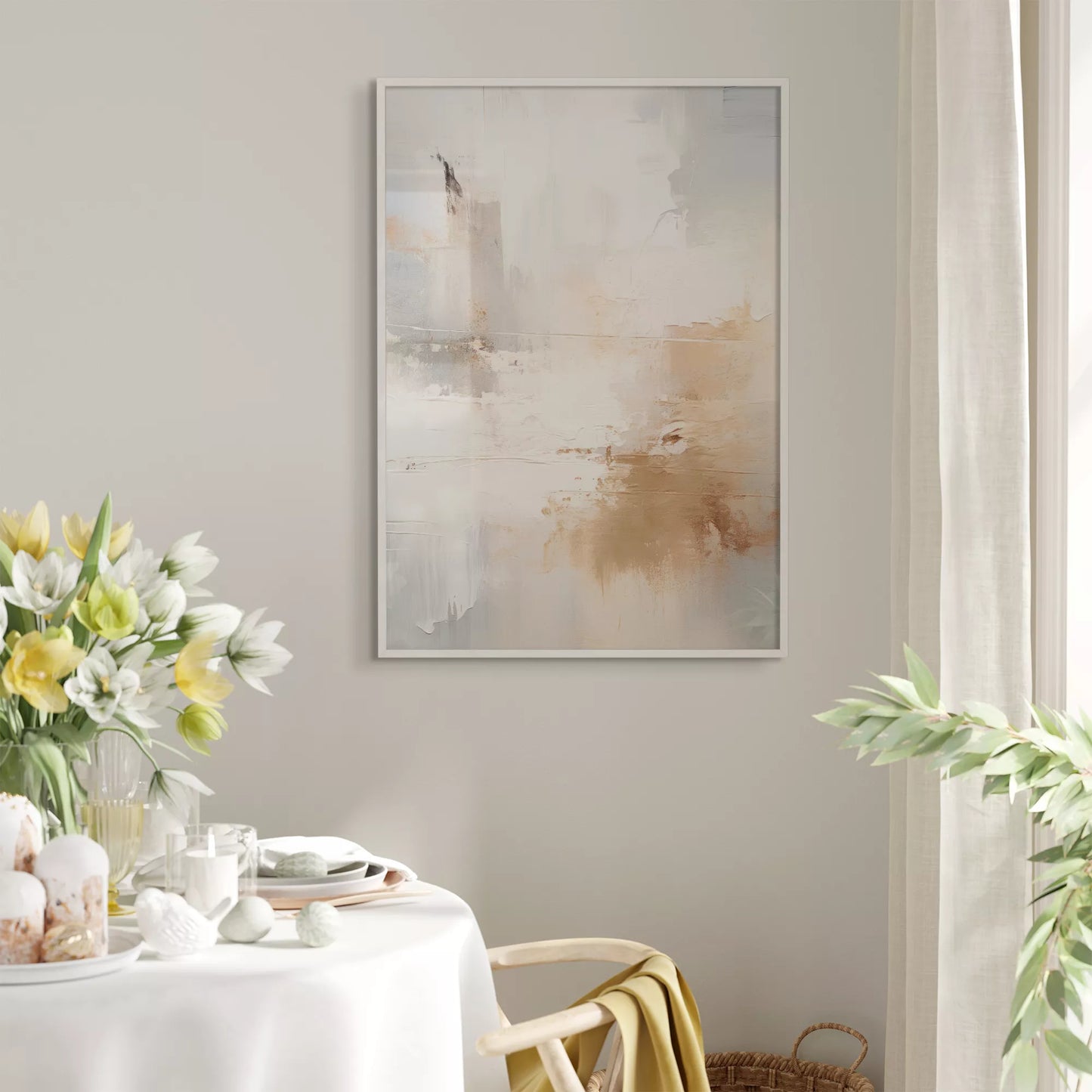 ホワイトとベージュの抽象的なモダンアートポスター