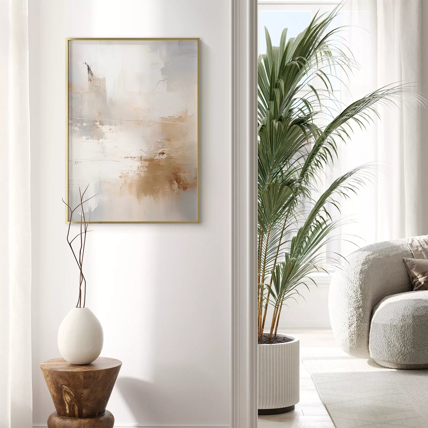 ホワイトとベージュの抽象的なモダンアートポスター