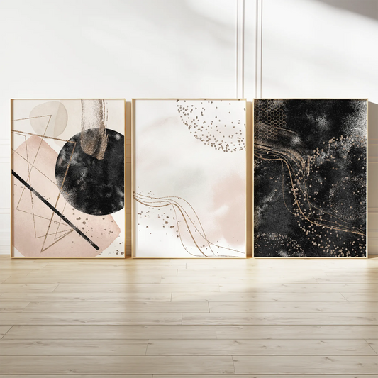 ブラックにゴールド波紋が輝く抽象アートポスター 3枚セット