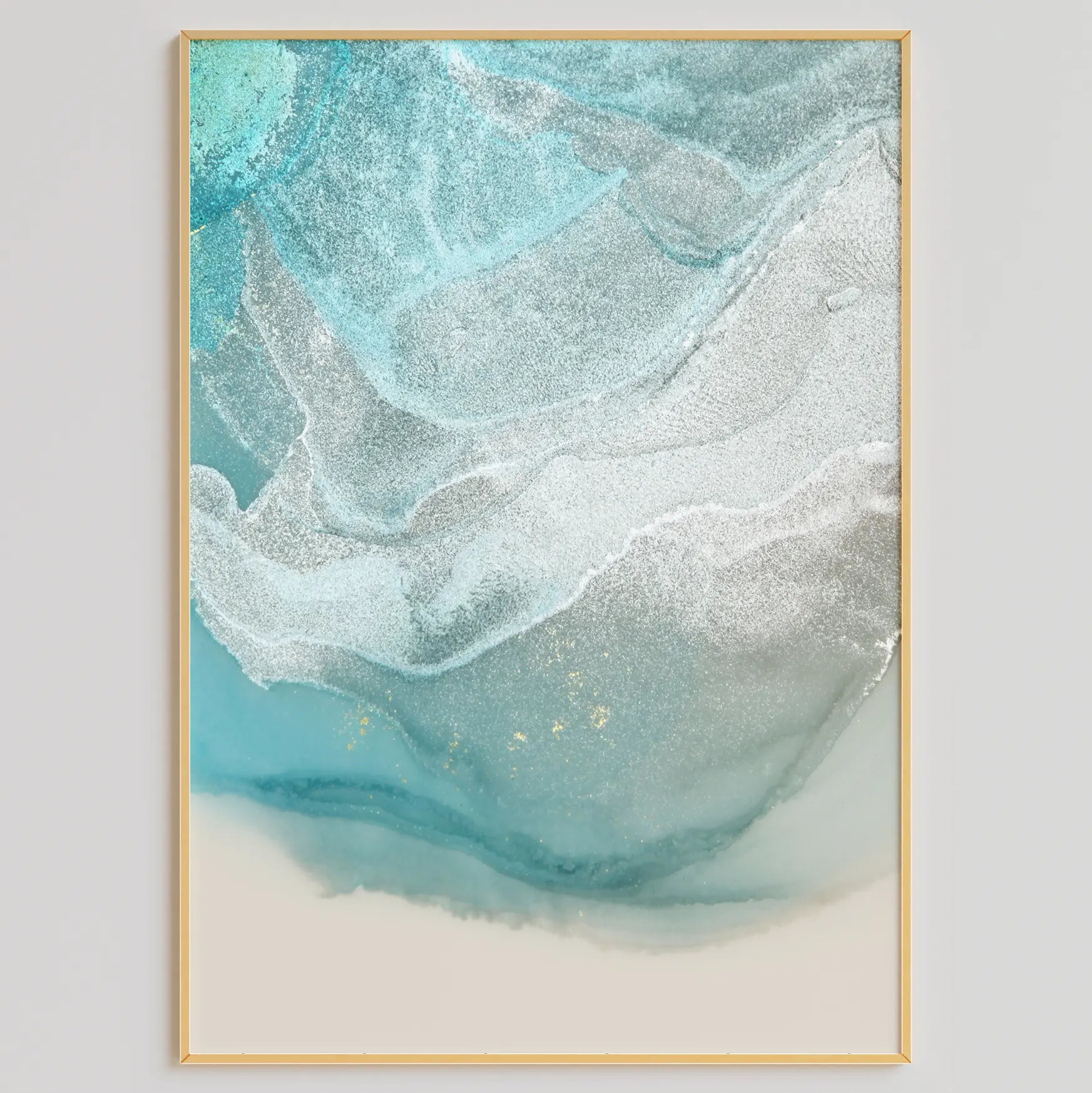 鮮やかなブルーとホワイトの抽象画が特徴のモダンな3枚セットのアートポスター、壁掛け用に最適