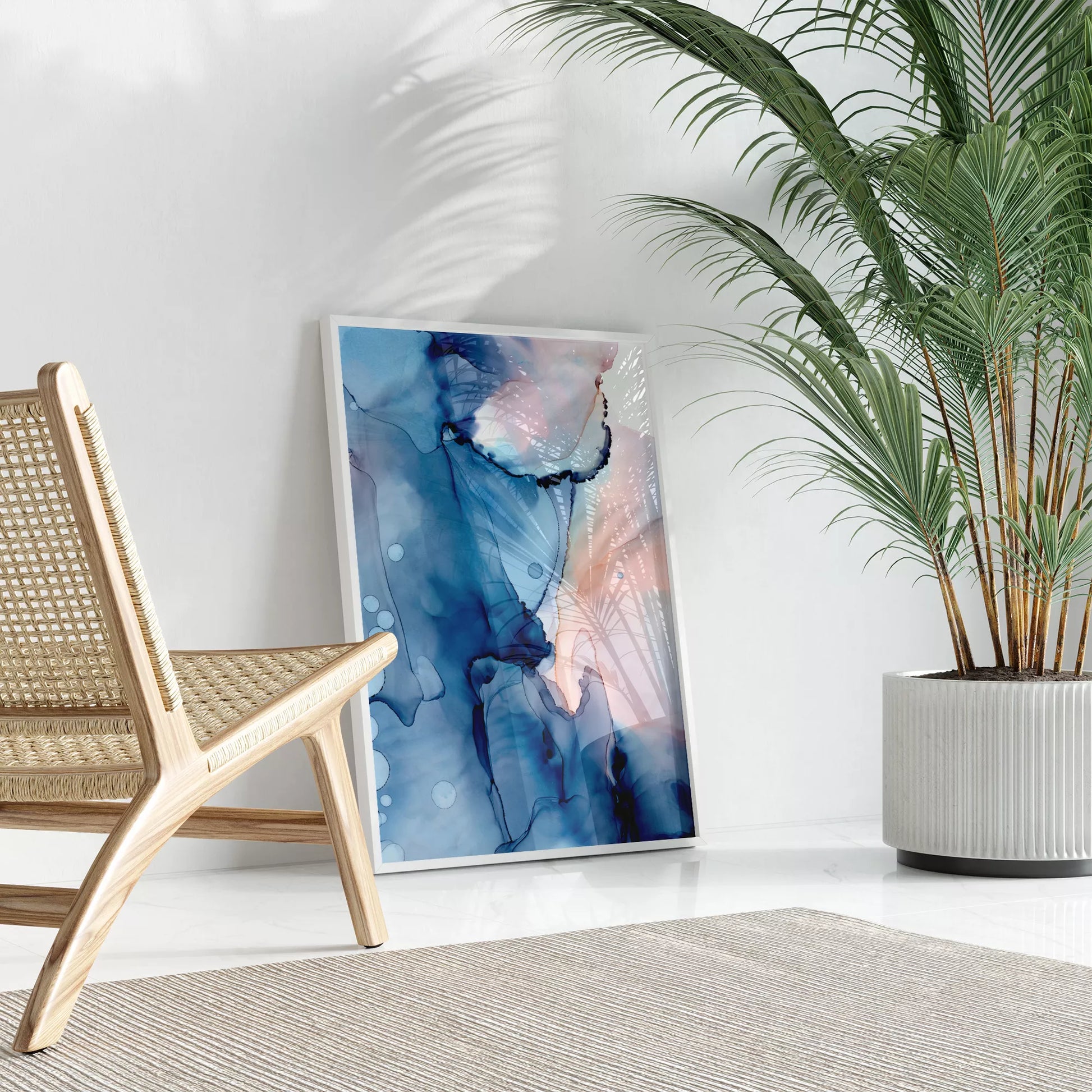 青とピンクの水彩画風抽象アート、モダンでおしゃれなインテリアポスター