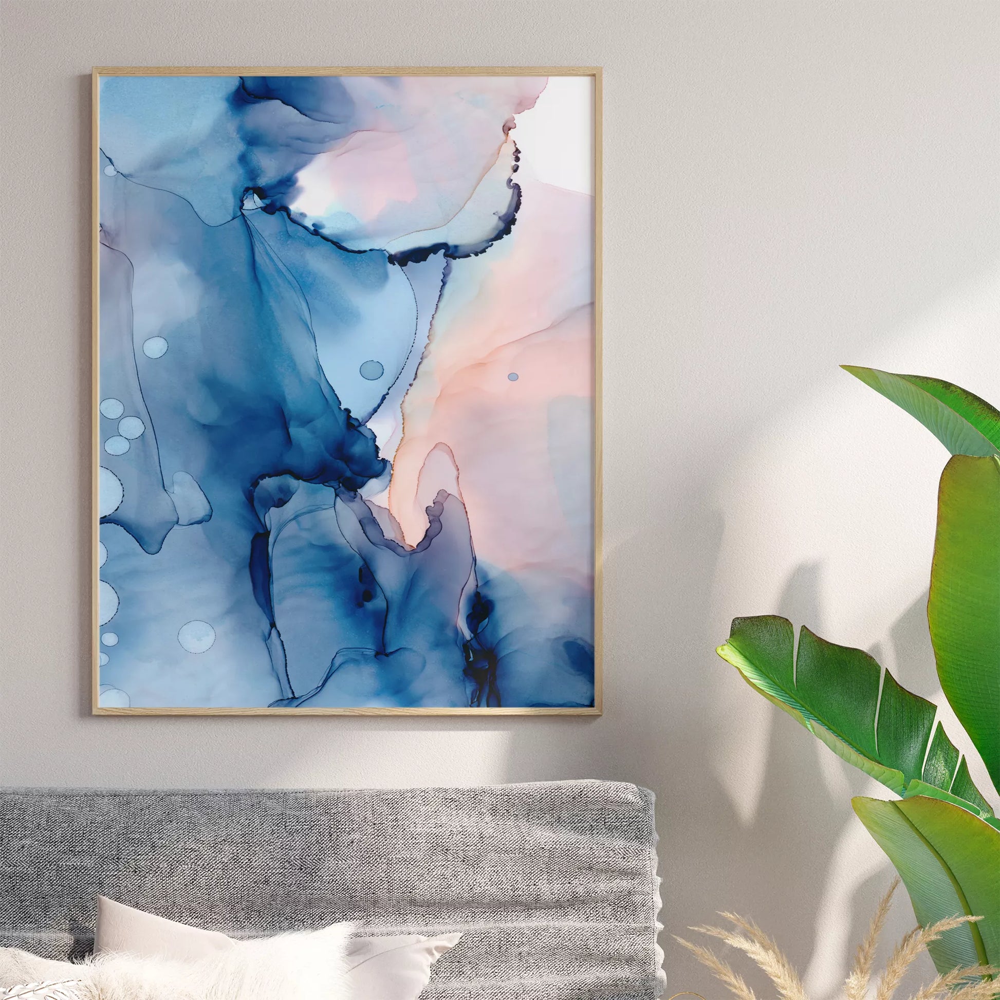 青とピンクの水彩画風抽象アート、モダンでおしゃれなインテリアポスター