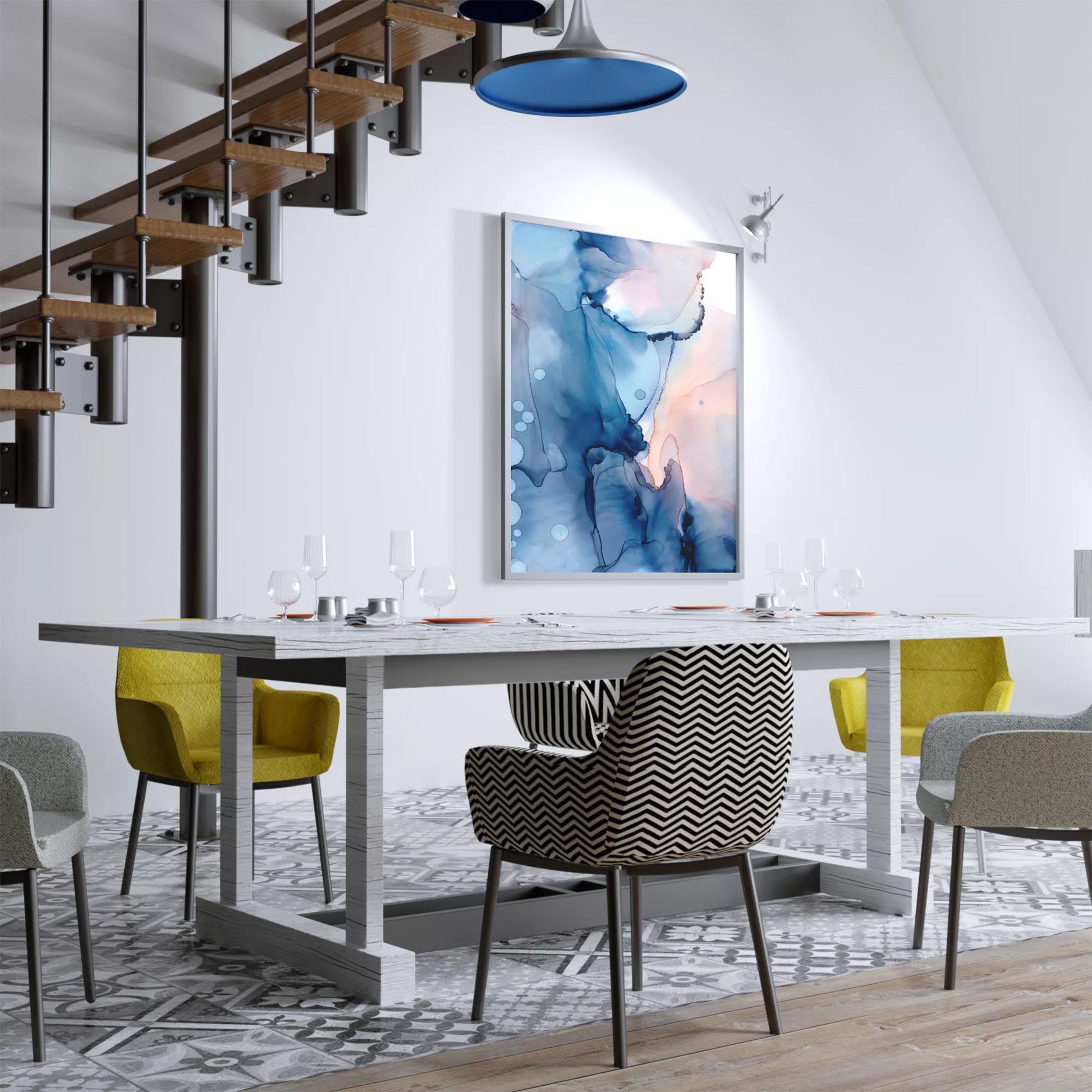 青とピンクの水彩画風抽象アート、モダンでおしゃれなインテリアポスター