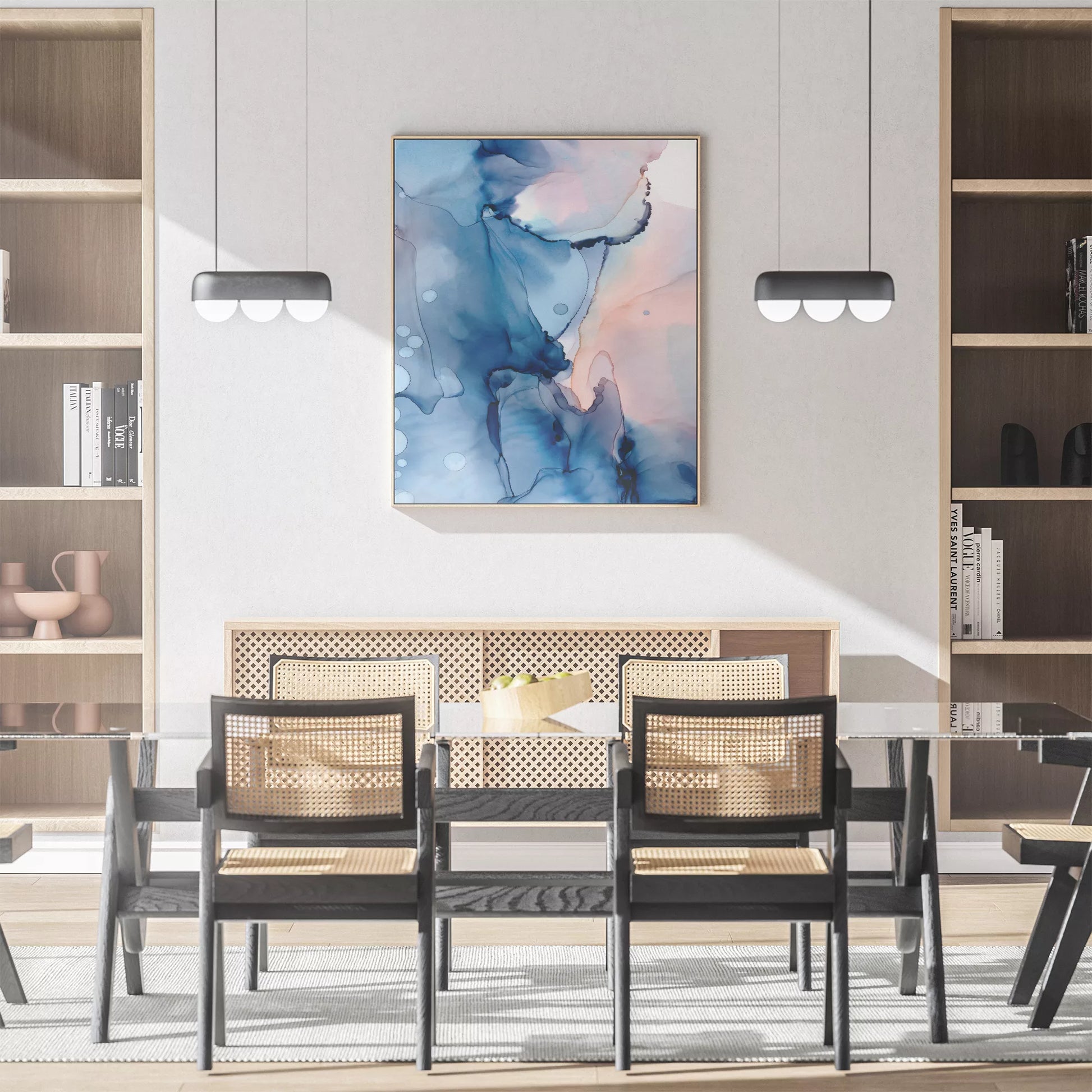 青とピンクの水彩画風抽象アート、モダンでおしゃれなインテリアポスター